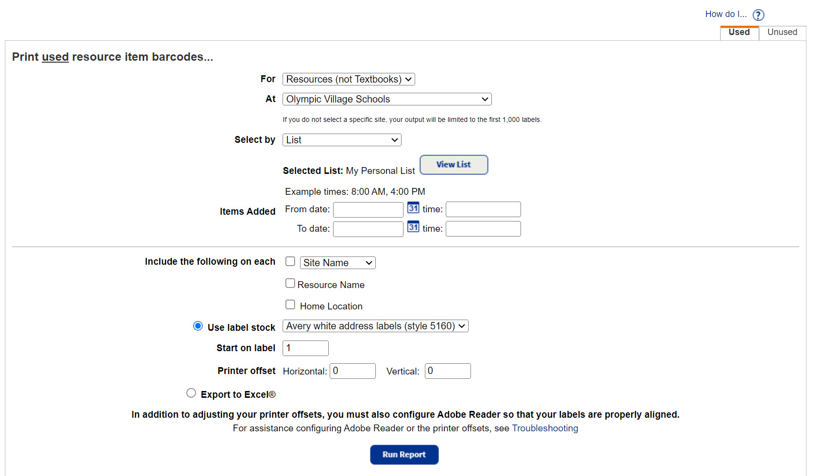 Print item barcodes page